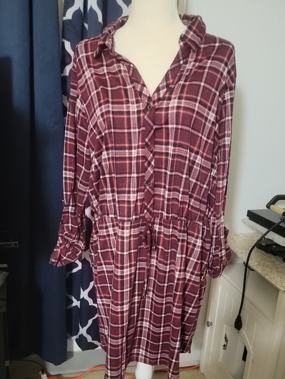 Plaid Button-Front Burgundy Long-Sleeve Drawstring Waist Dress